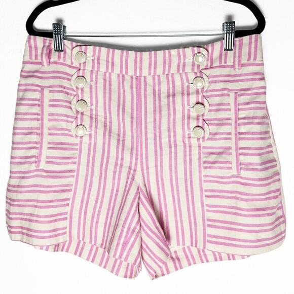 Anthropologie x Cartonnier Women's Pink Beige Linen Striped Sailor Shorts Retro - Picture 2 of 10